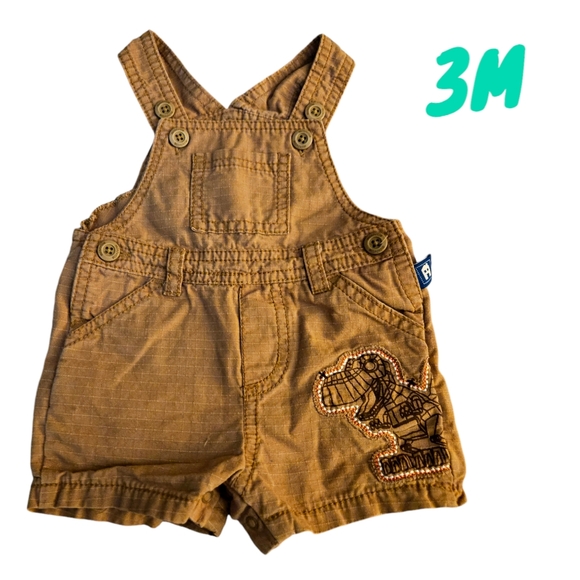 Miniville Playette Dino Shortalls Overall Dino Embroidered Khaki Brown Infant 3m - Picture 1 of 9